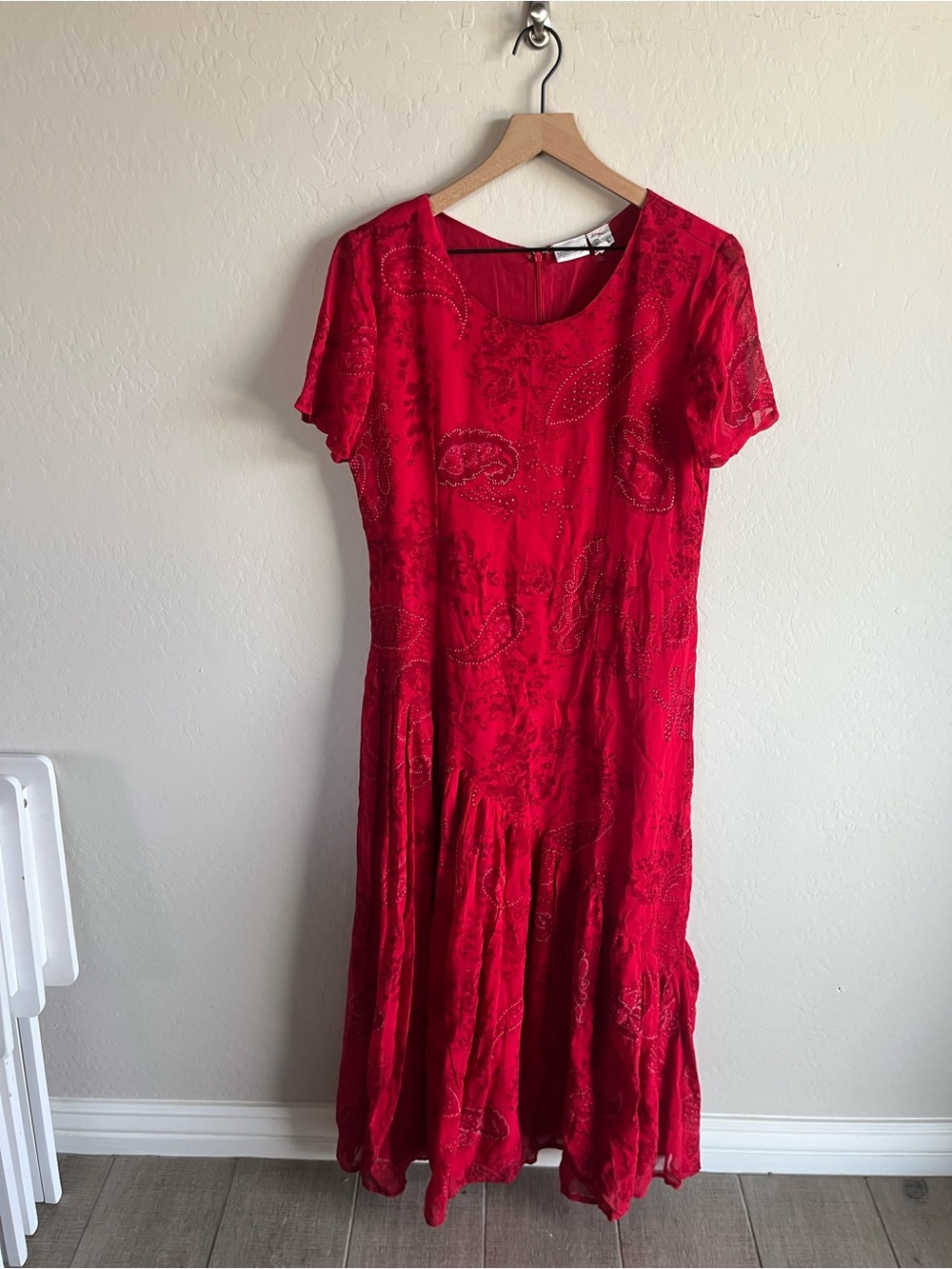 Newport News Red Paisley Maxi Dress Size 14 Vintage Y2K Sheer Boho Western